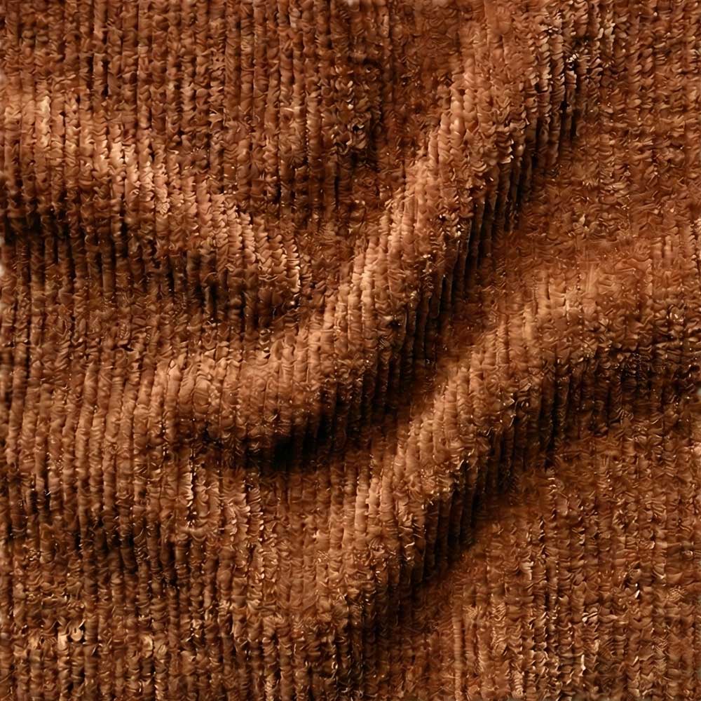 Close-up swatch of Performance Chenille fabric in Burnt Clay, showing a dense, fuzzy texture and a multi-tonal weave of warm terracotta and earthy orange threads.