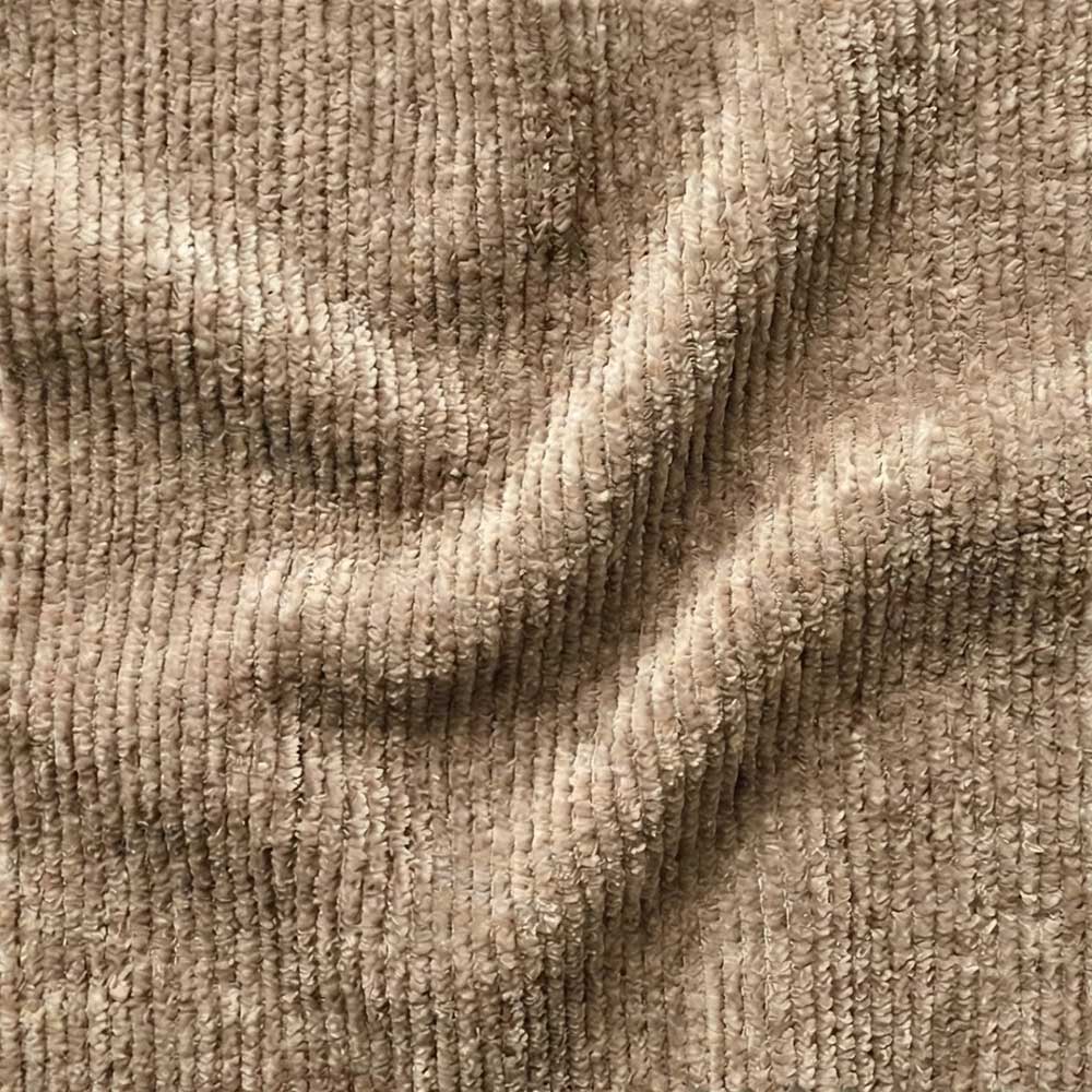 High-resolution swatch of Performance Chenille fabric in Mushroom Taupe, showing a dense, fuzzy texture and a multi-tonal weave of earthy grey and warm brown threads.