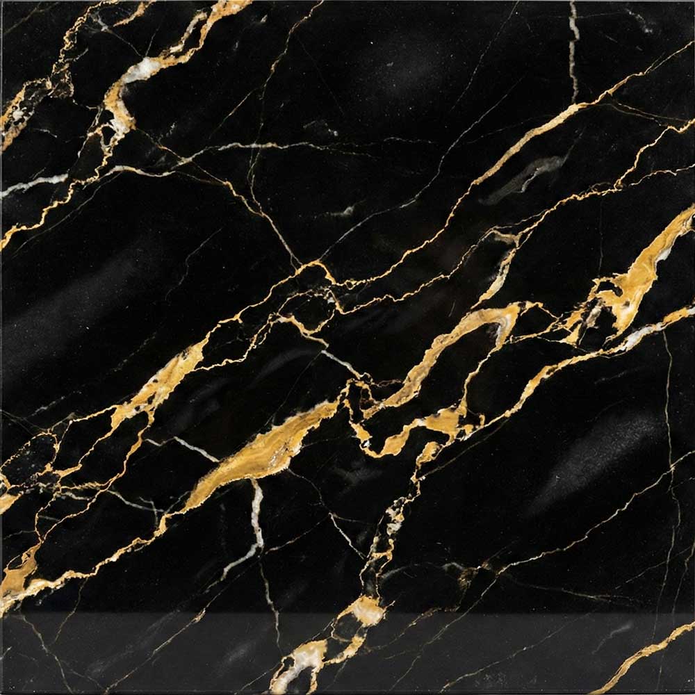 A close-up view of a polished Nero Portoro marble slab, featuring a deep, jet-black background illuminated by intricate, flowing veins of vibrant gold and bronze.