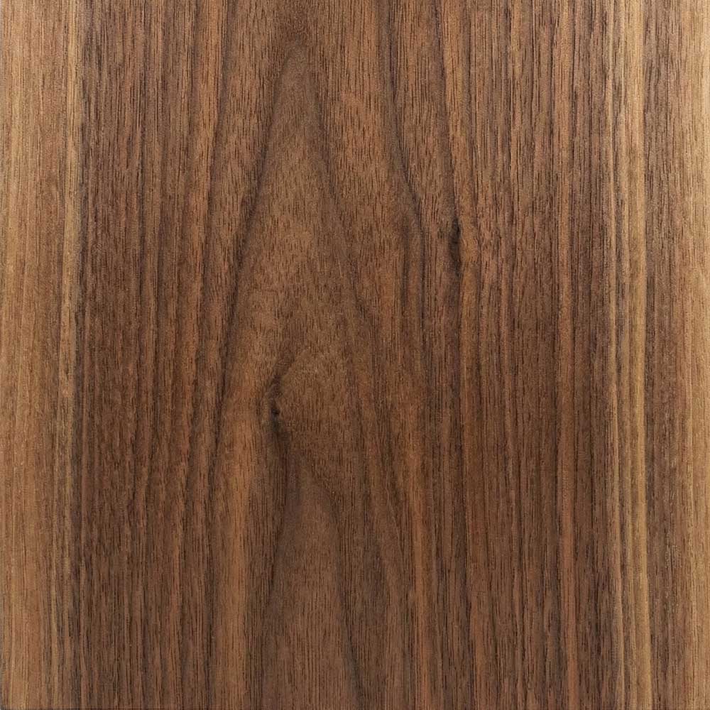 A close-up view of a polished American Walnut surface, displaying a rich, chocolate-brown background with consistent, straight grain lines and subtle hints of warm amber.