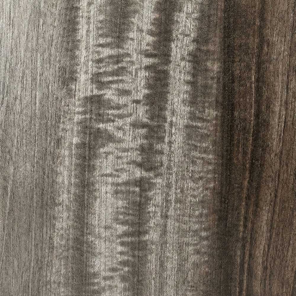 A macro shot of a Smoked Eucalyptus veneer, revealing a deep chocolate-brown to charcoal tone with a shimmering, rippled grain texture that catches the light.
